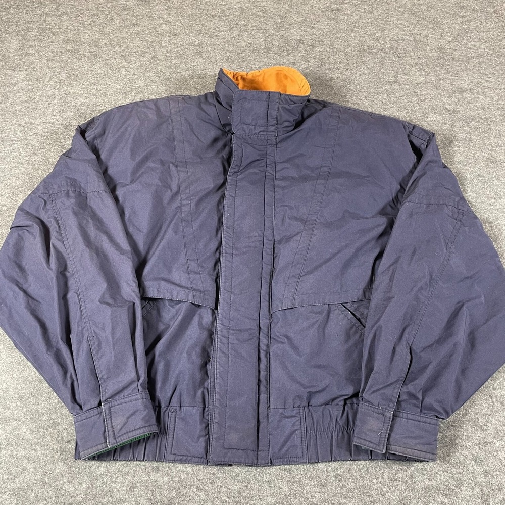 VTG Andrew Marc Jacket Mens Small‎ Blue Full Zip Mock Bomber Leather Trim Retro